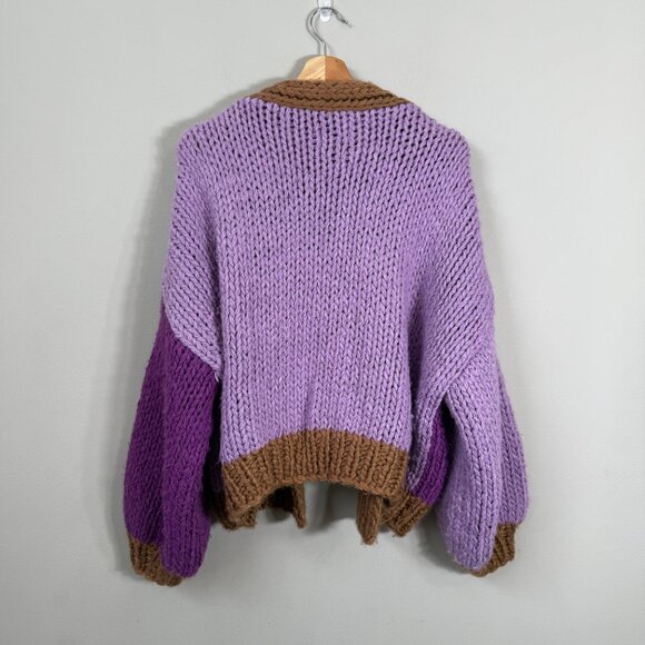FRNCH Lorene Violet Camel Cardigan Sweater Women's Medium Chunky Knit Open Front - Picture 5 of 15